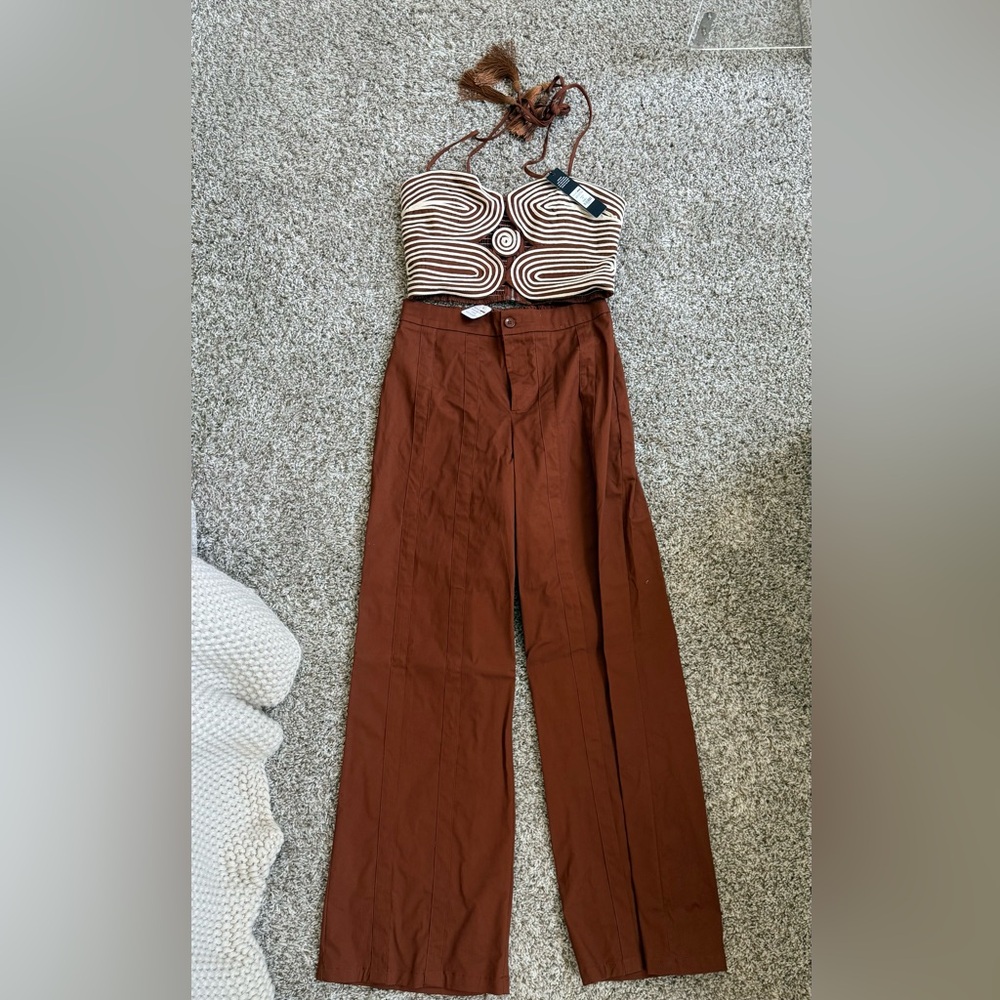 Women's High-Waist Wide Leg Pants Set- Brown - Picture 2 of 6